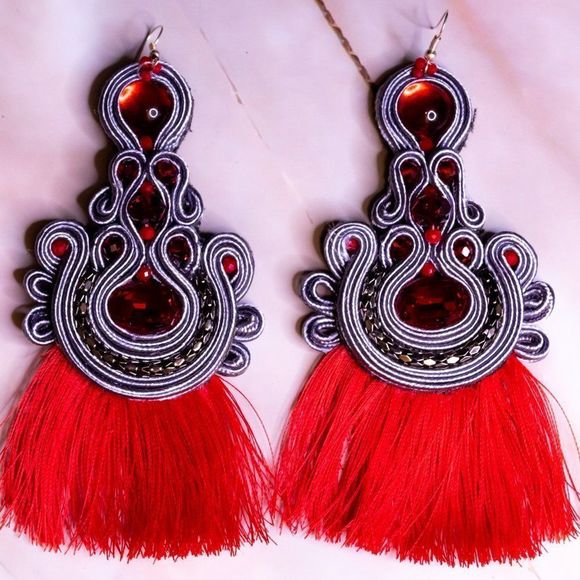 Red and Grey Soutache earrings - Picture 1 of 3